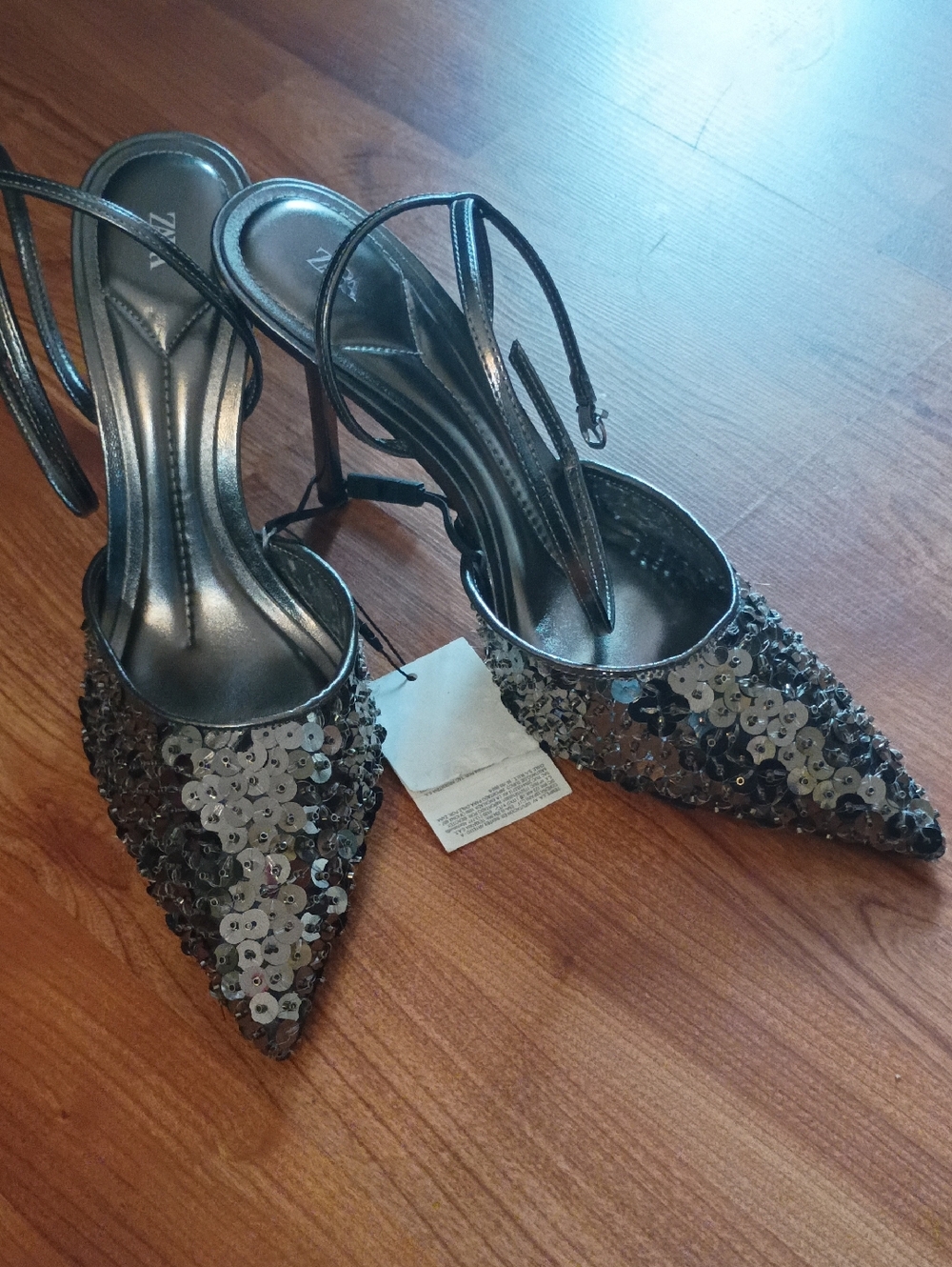 Zara Silver Sequin Pointed-Toe Slingback Heels
